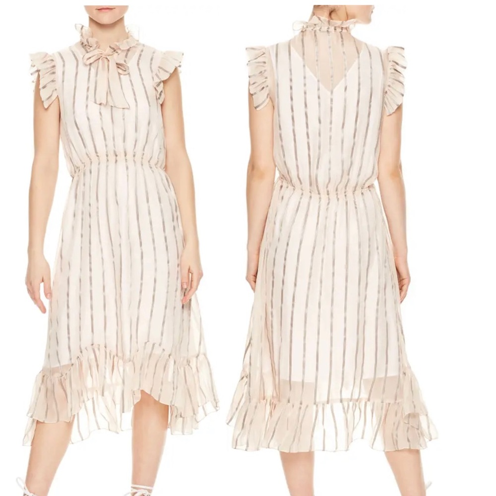 Sandro stripped silk metallic mid-length dress with ruffle details.